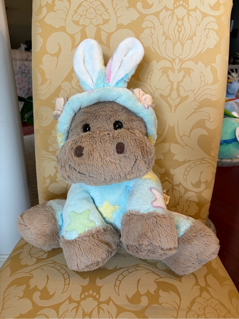 Plush Hippo in Pastel Bunny Hoodie - Light Blue & Brown